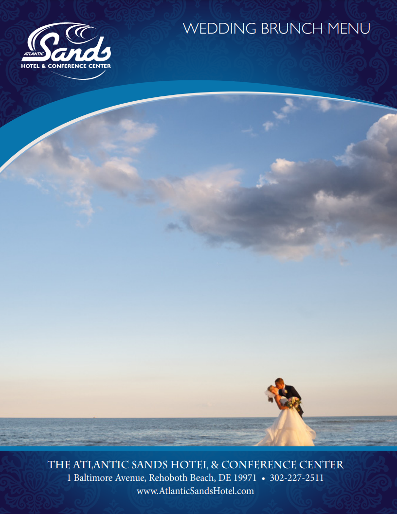 Cover for menu with bride and groom kissing on the beach during sunet