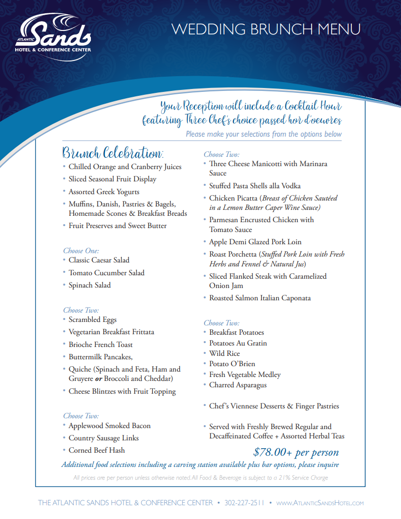 Wedding Brunch Menu If you're unable to read this pdf, please call the hotel at 302-227-2511