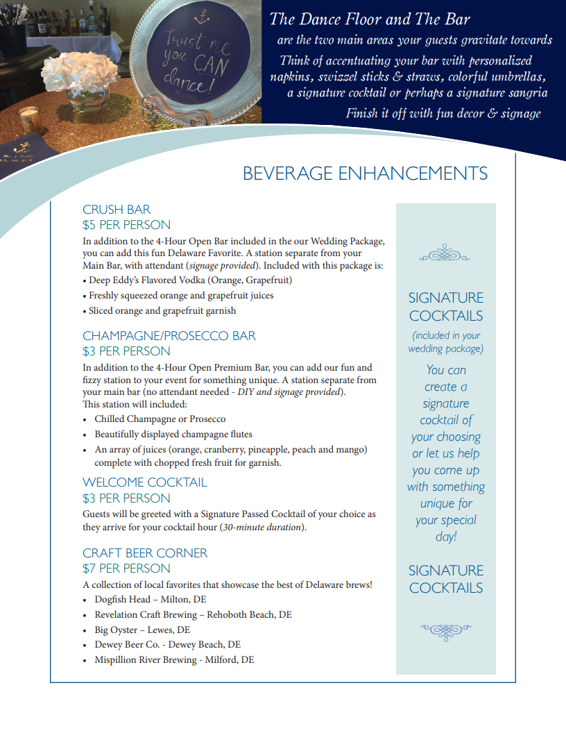 Beverage EnhancementsIf you're unable to read this pdf, please call the hotel at 302-227-2511