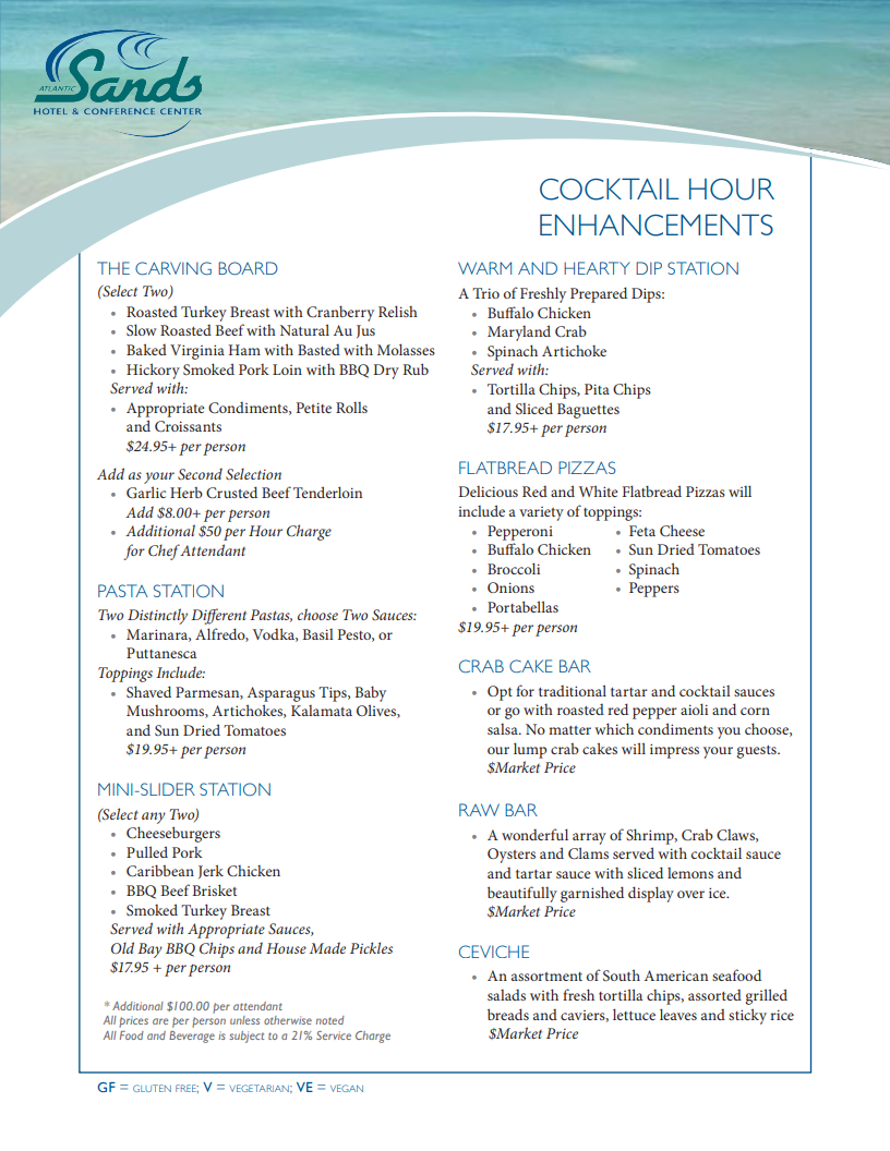 Cocktail Hour Enhancements If you're unable to read this pdf, please call the hotel at 302-227-2511