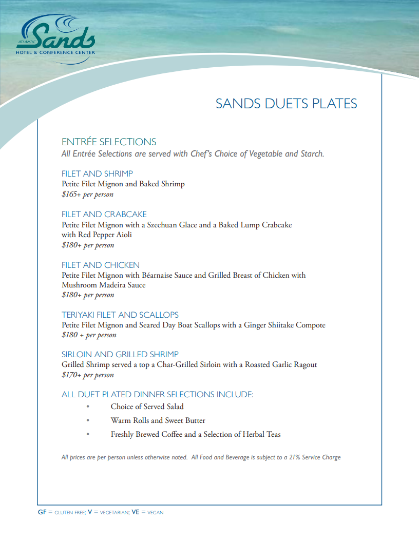 Sands Duets Plates If you're unable to read this pdf, please call the hotel at 302-227-2511