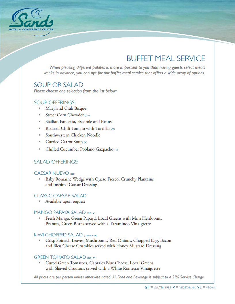 Buffet Meal Service If you're unable to read this pdf, please call the hotel at 302-227-2511